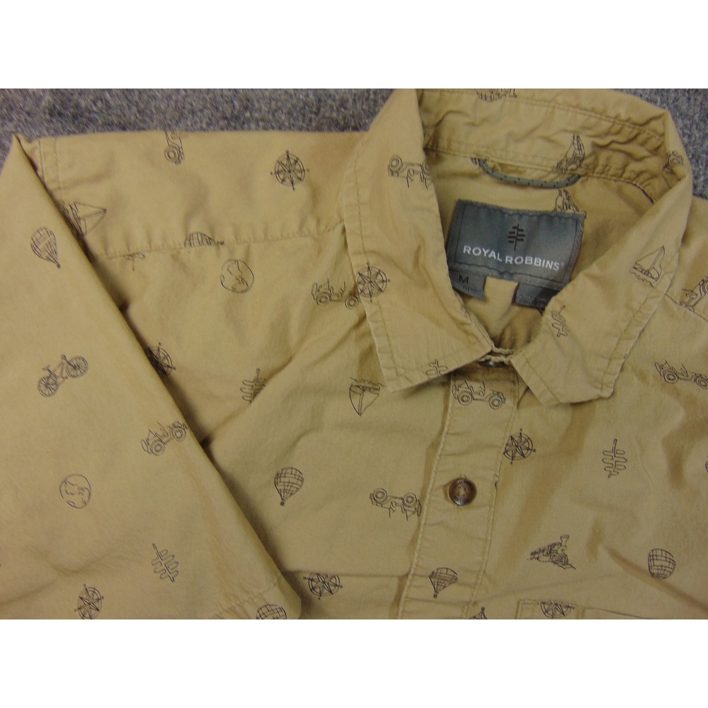 Royal Robbins Button Down Men Med Tan Novelty Print Gorpcore‎ Outdoorsy Shirt